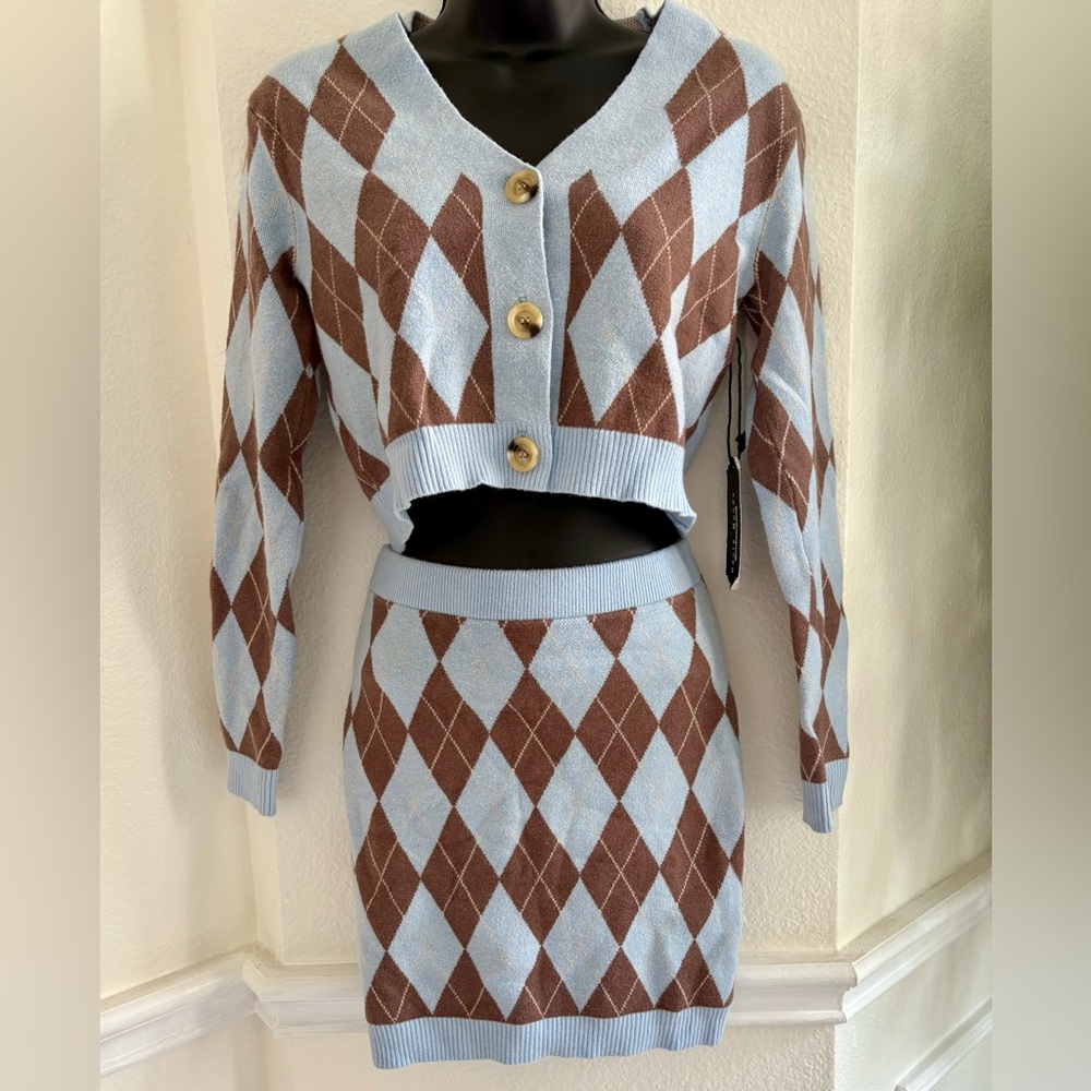Haute Monde Beige and Light Blue Knitwear Skirt Sets - Picture 3 of 9